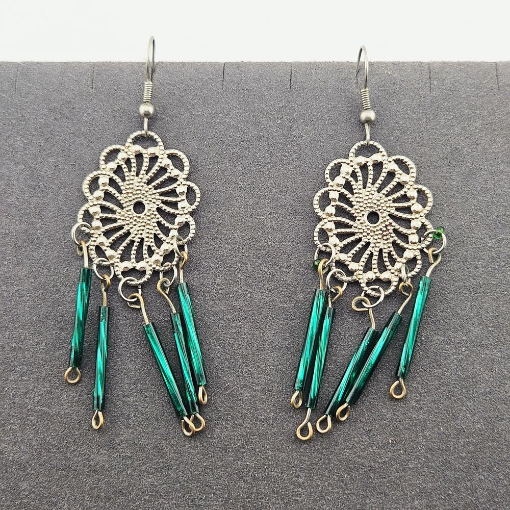 Silver Tone Emerald Green Bead Chandelier Earrings  Dangle Drop Whimsical Fairy